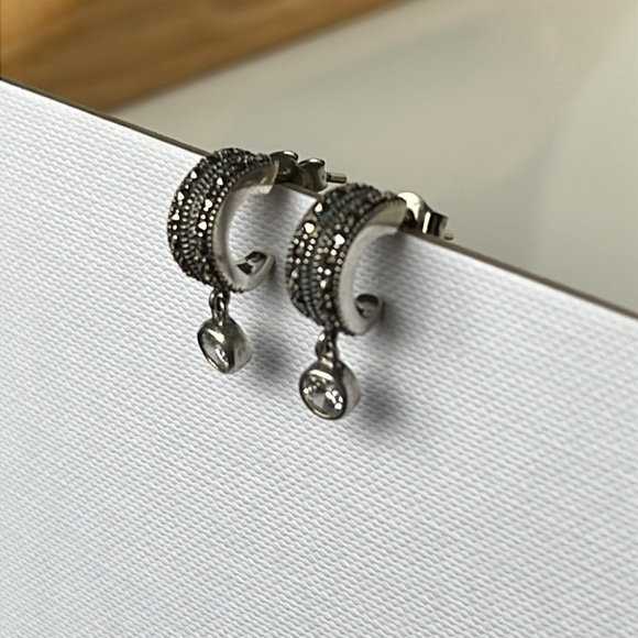 Judith Jack Sterling Silver Crystal Marcasite Huggie Style Hoop Earrings - Picture 3 of 11